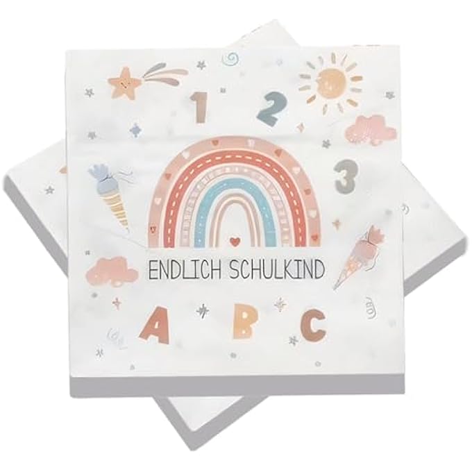 FIRST DAY OF SCHOOL NAPKINS, PACK OF 40 DECORATIVE PAPER NAPKINS WITH RAINBOW MOTIF FOR SCHOOL INTRODUCTION CELEBRATION, 3-PLY, 33 X 33 CM - Image 1